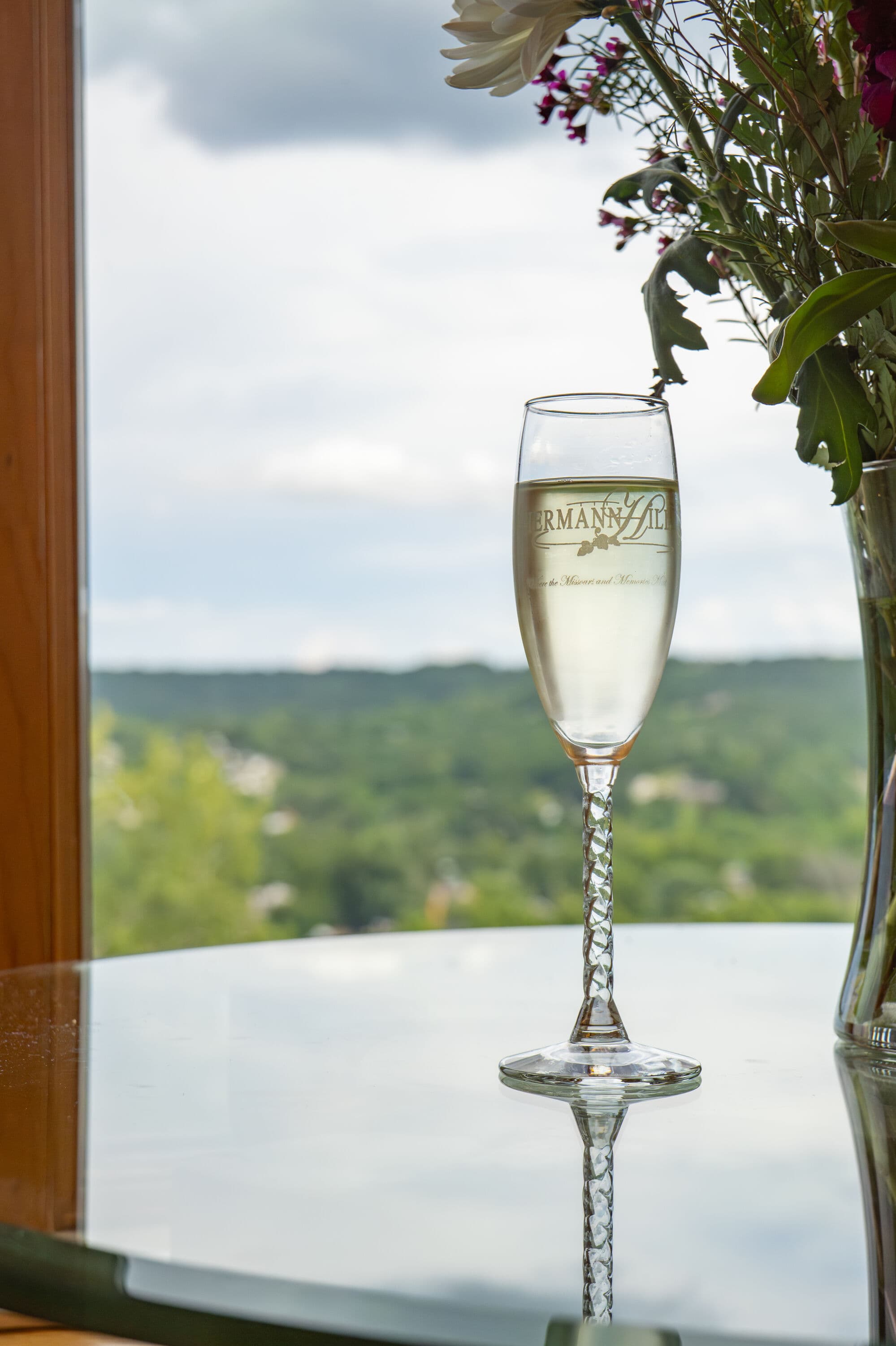 champagne flute in front of a window with view out over a valley