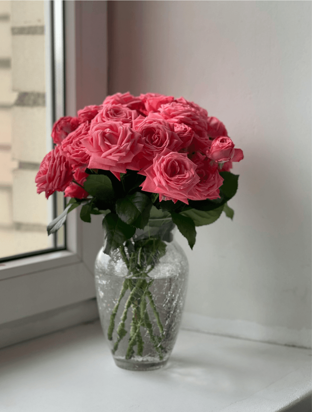 A bouquet of pink roses in a clear vase sitting on a windowsill.