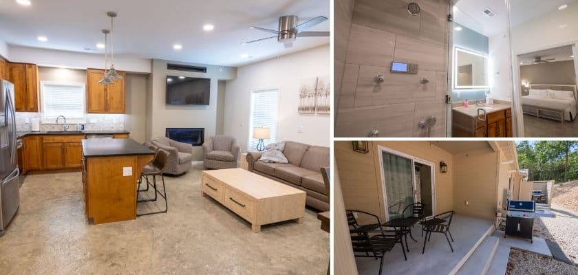 A modern living space featuring a kitchen, bathroom, and outdoor seating area.