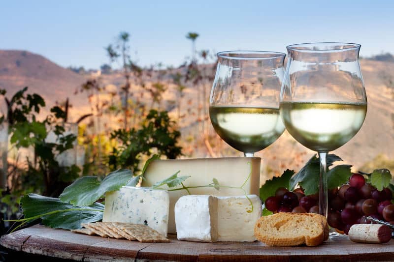Two glasses of white wine sit alongside an assortment of cheeses, crackers, and grapes, with a scenic backdrop.