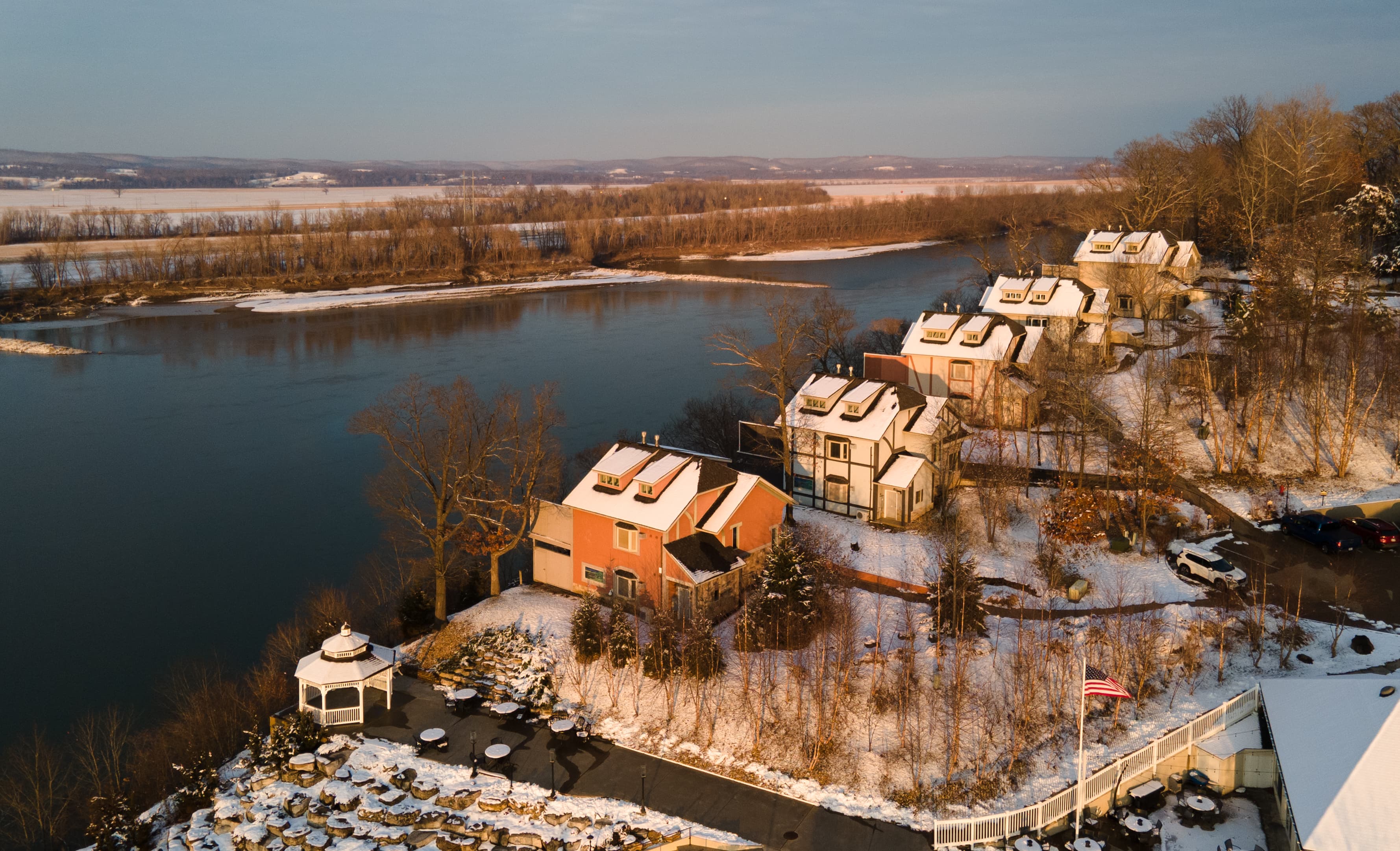 aerial shot of cottages on River Bluff