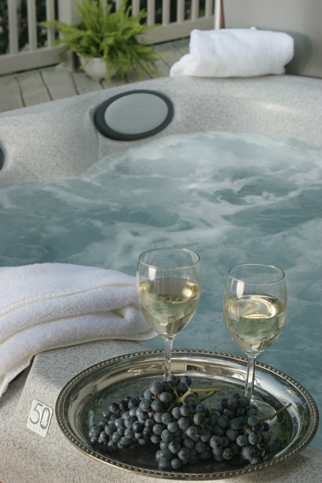 A relaxing hot tub scene featuring two glasses of white wine and a plate of fresh grapes.