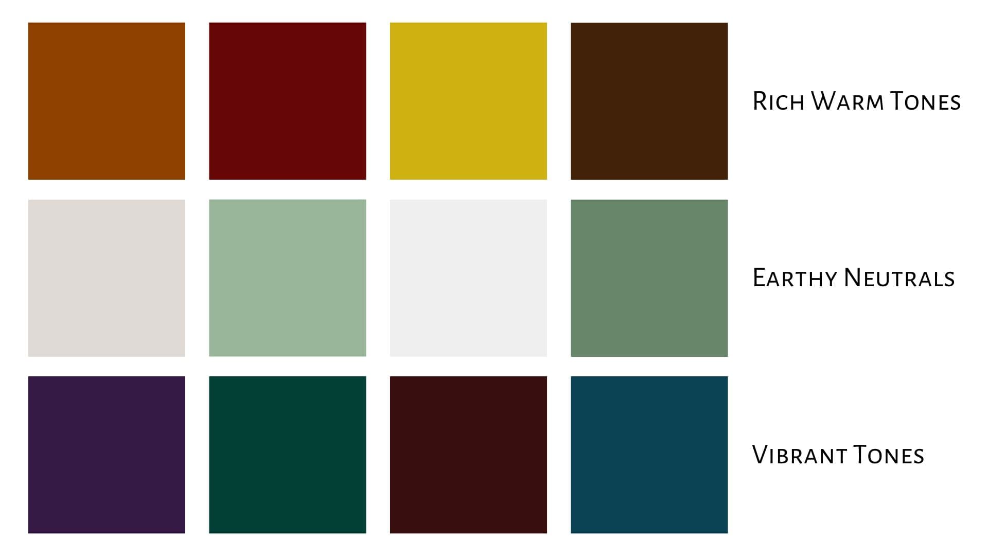 A color palette featuring rich warm tones, earthy neutrals, and vibrant tones organized in three rows.