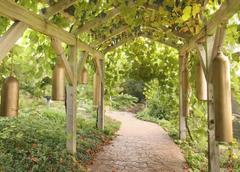 Forest of Gongs pathway beneath a grapevine arbor with hanging bronze gongs at Hermann Hill. Forest of Gongs pathway beneath a grapevine arbor with hanging bronze gongs at Hermann Hill.