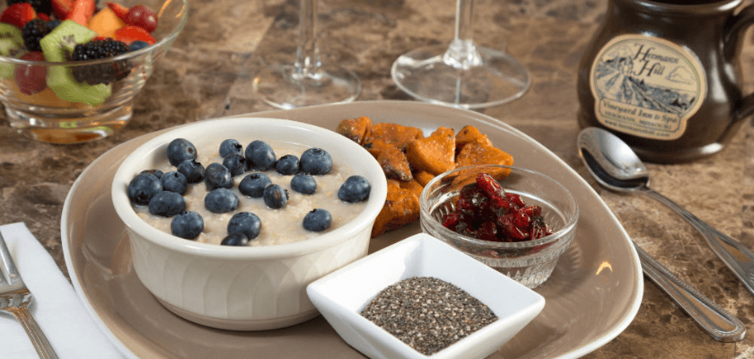 Spa breakfast with oatmeal and fresh fruit at Hermann Hill.