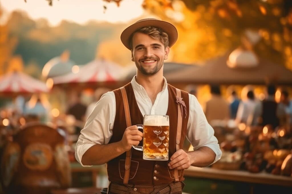 guy holding beer wearing tradition German clothing