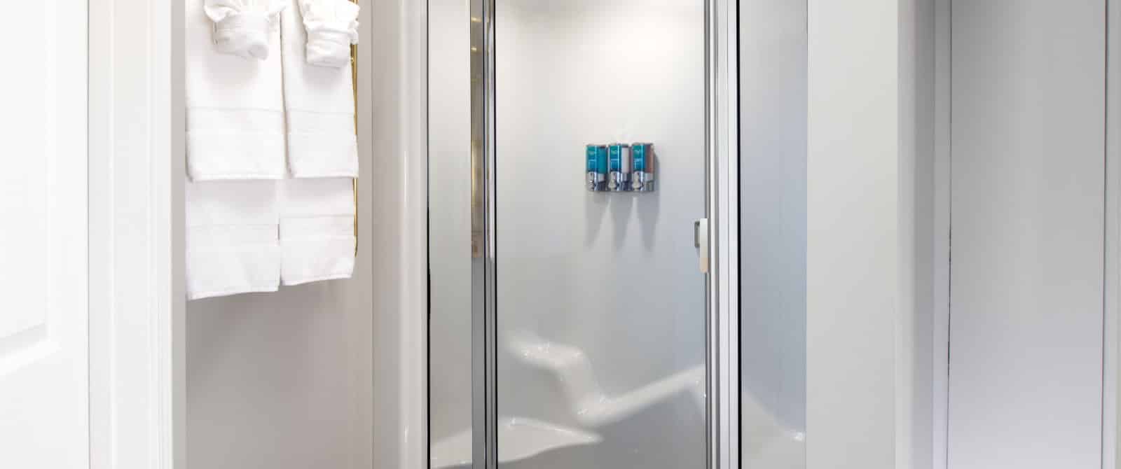 Bathroom with stand up shower and dispensers with shampoo, conditioner, and body soap