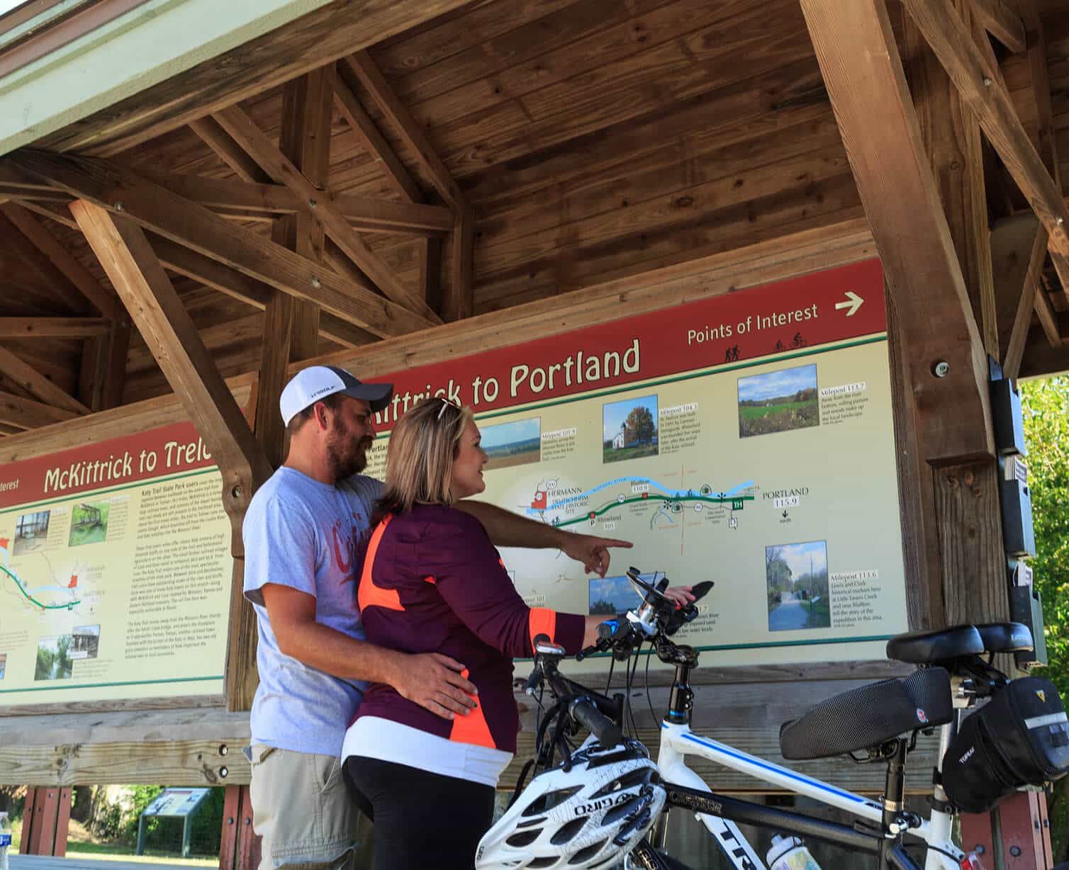 Bikers looking at a map of the Katy Trail