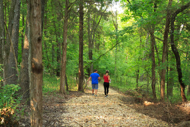 a man and a woman hiking through the woods